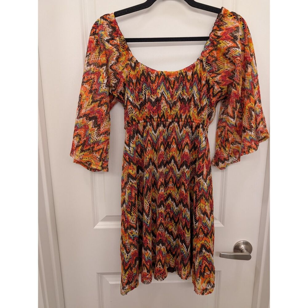 Judith March Medium Dress Multicolored Chevron Zig Zag Knit Bell Sleeve